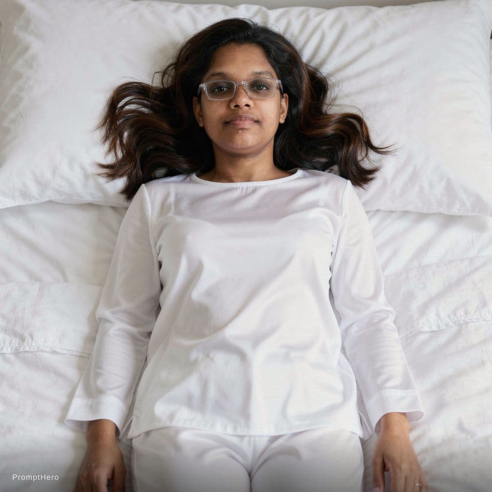 AI generated: Create a high-resolution photograph of a fit adult woman lying on her back in a bed covered with pri...