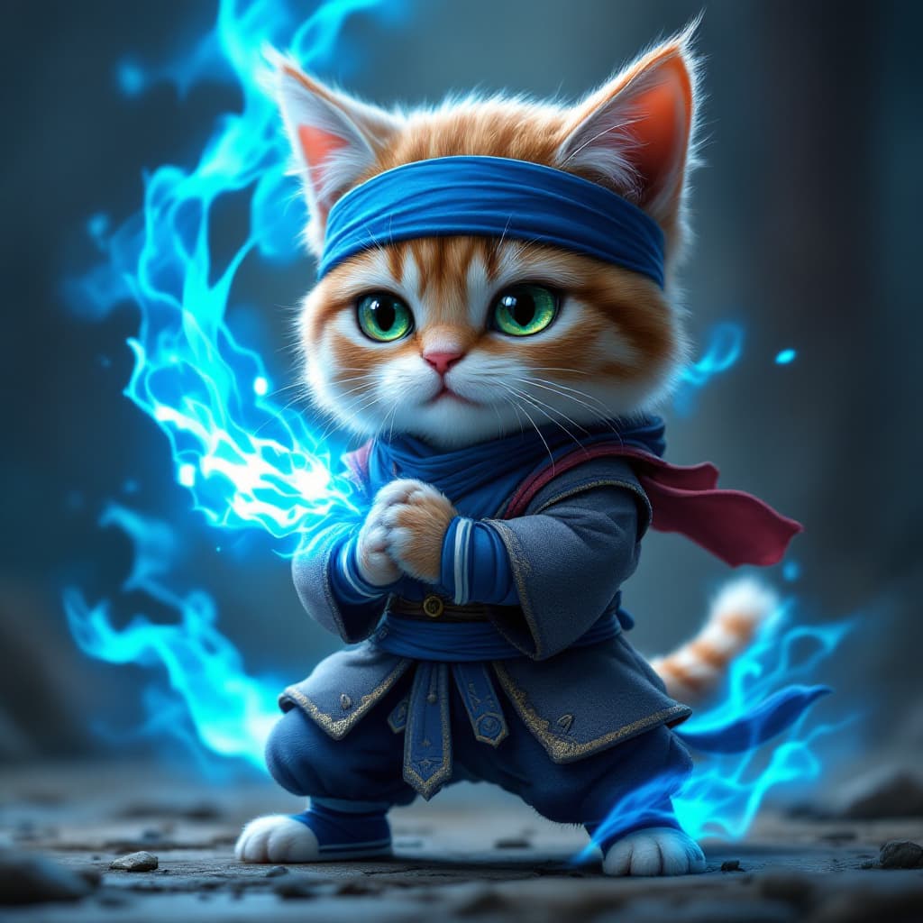 AI generated: anthropomorphic cute cat wearing [mage outfit: gray ninja jacket, gray ninja pants, blue scale glove...