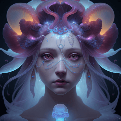 AI generated: Goddess close-up portrait ribcagel. jellyfish phoenix head, nautilus, orchid, skull, betta fish, bio...