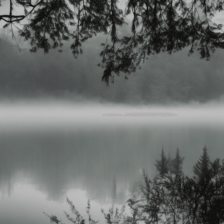 AI generated: High resolution photography foggy lake, hills and trees in the back, photo realistic, cinematic