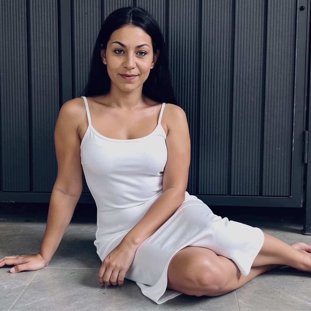 AI generated: Let her sit on the floor, dressed in a White bikini and slip. 