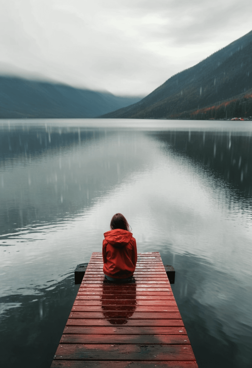 AI generated: This is a photograph of a long dock on a large mountain lake. A mist hovers over the lake. The dock ...