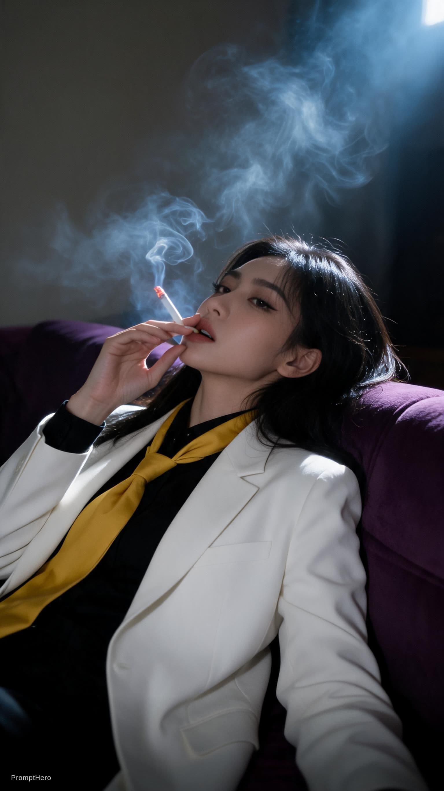 AI generated: snapshot, dimly lit room with a hazy atmosphere, capturing a female model lounging on a deep purple ...