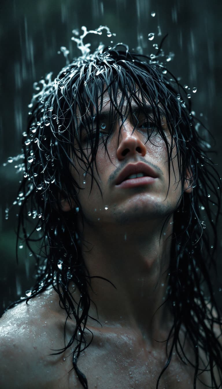AI generated:  the fish,  rainy waves of water morph into the long, disheveled black hair of a man, wet and drippi...