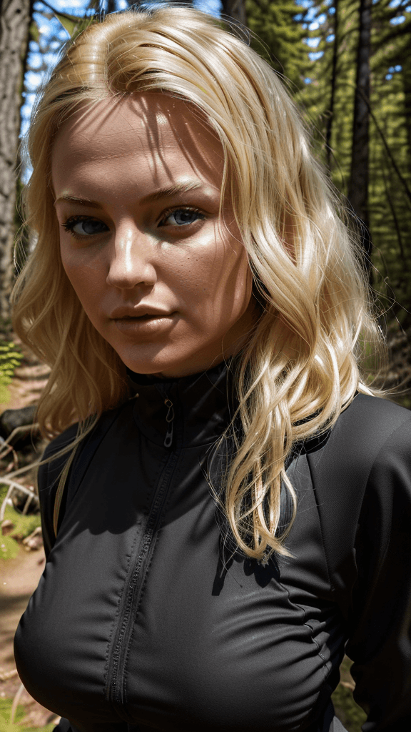 AI generated: create an image of blonde woman, with black outfit hiking on the woods The background includes typic...