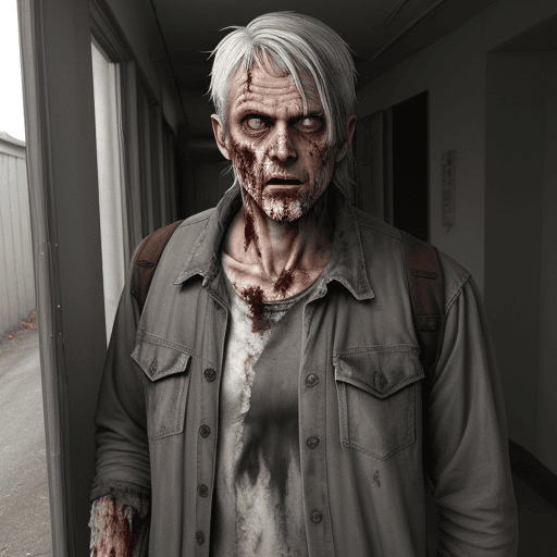AI generated: A man with gray hair in clothes from the zombie apocalypse