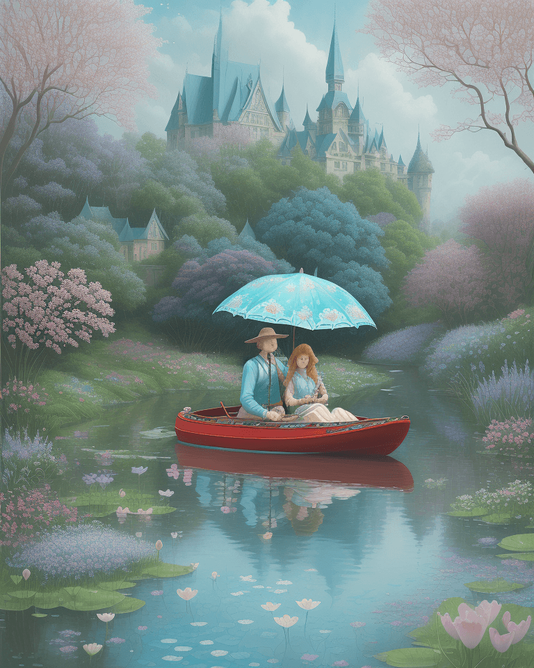 AI generated: two lovers on a small paddle boat with transparent umbrella painted with turqoise patterns surrounde...