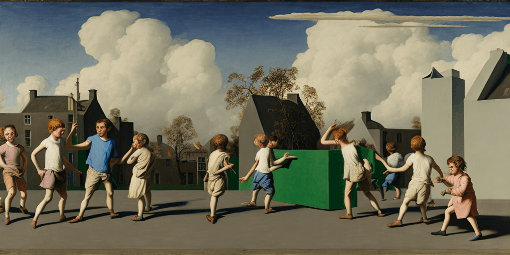 AI generated: neo rauch, children playing on rooftop