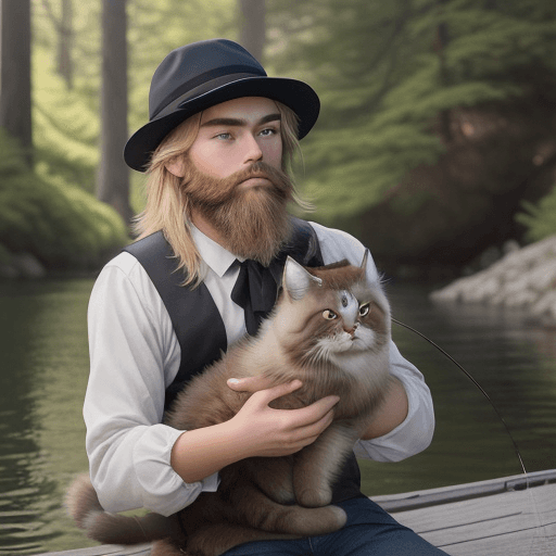 AI generated: /imagine prompt: Picture young man with cat, dark blonde hair, dark beard, brown eyes, hat for fishi...