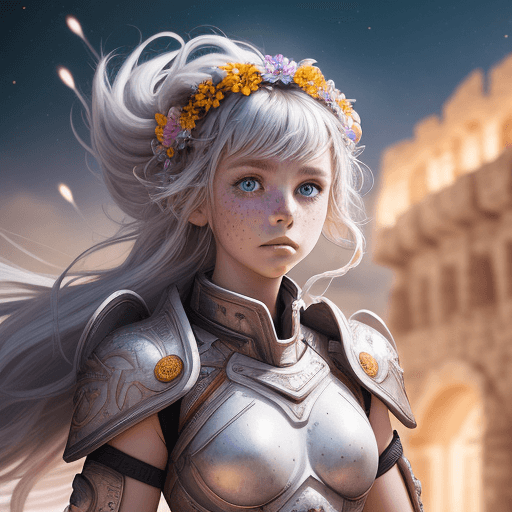 AI generated: warrior girl with a wreath of cosmic flowers on her head, white armor, developing hair in the wind, ...