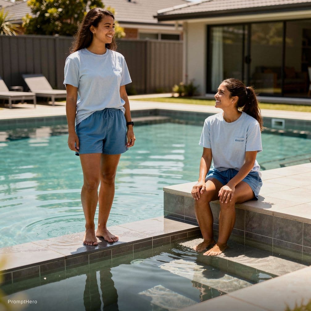 AI generated: arafed girl wearing an open robe and blue shorts standing by a pool, next to a pool, dressed in a to...