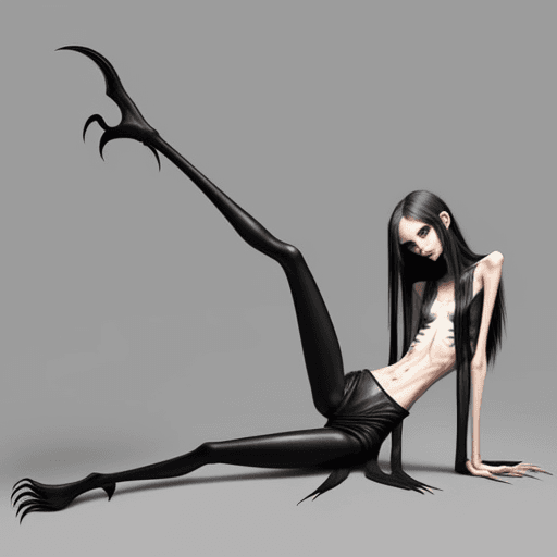AI generated: extreme skinny slender girl, with long curved claws, skinny legs and long skinny calves in high heel...