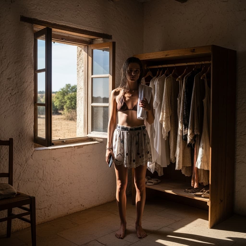 AI generated: A young woman with long wet hair stands in a rustic, sunlit room with rough white plaster walls and ...