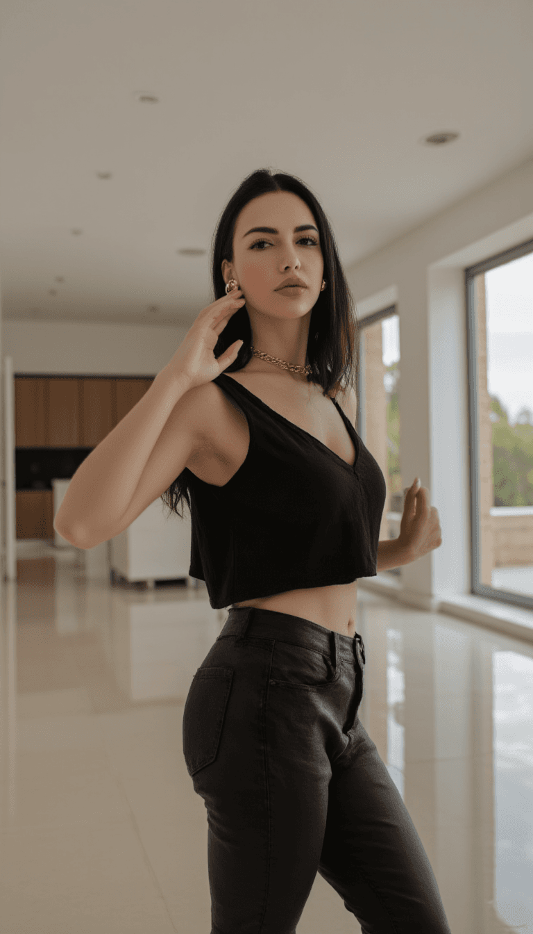 AI generated: A woman exudes confidence and style as she poses dynamically in a spacious, modern environment. Her ...