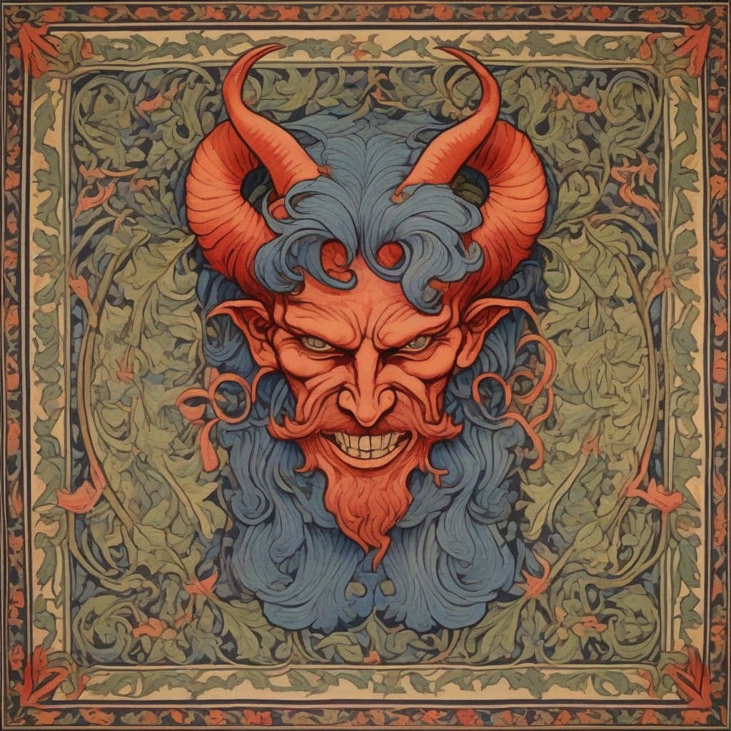 AI generated: A fairy devil in the style of Louis Rhead on a tapestry in the style of William Morris, vivid colors