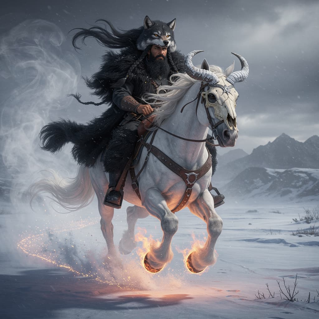 AI generated: Unreal engine, a hispanic male with a black beard, wearing a black wolf headdress, black fur coat in...