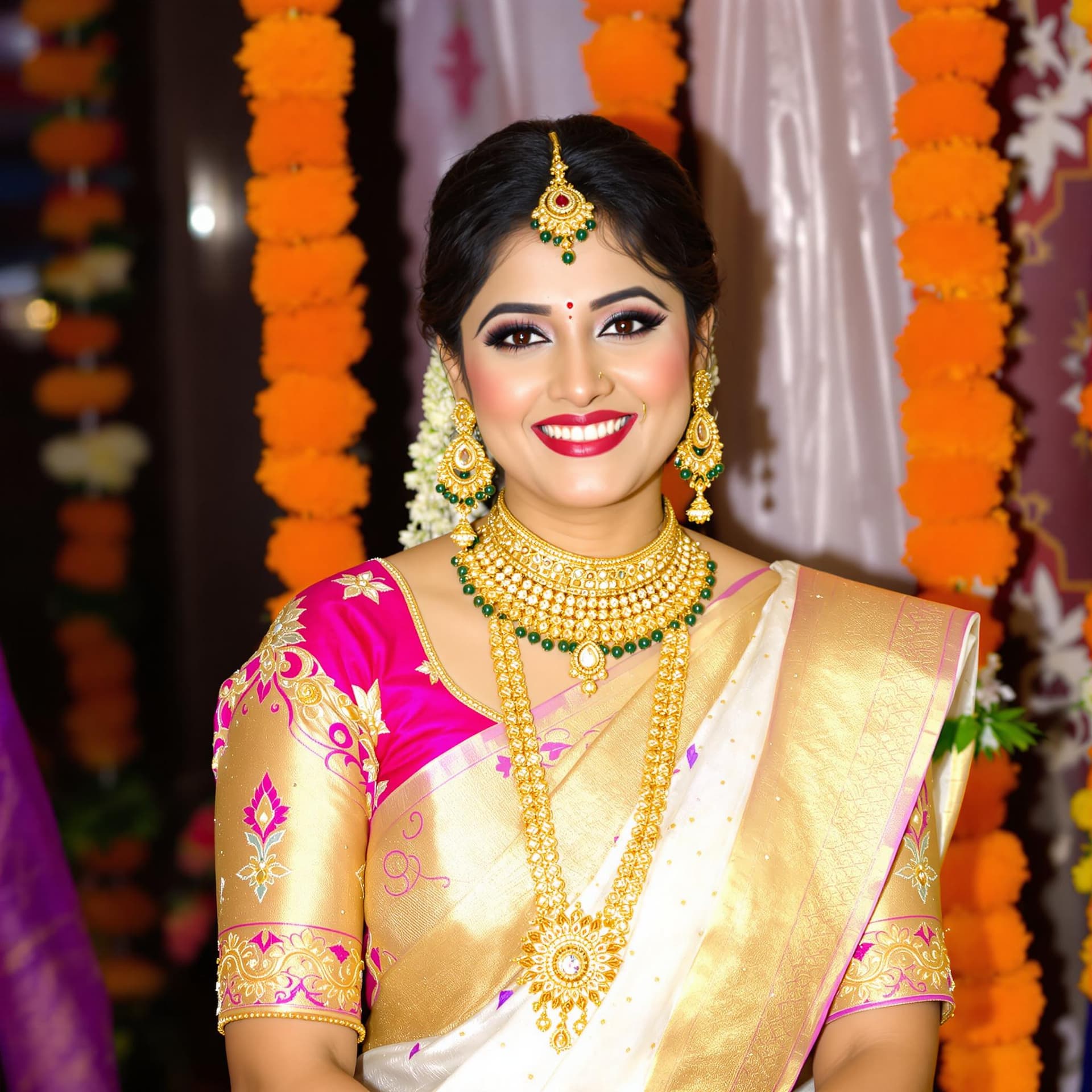 AI generated: The image features a woman dressed in traditional attire, specifically a white and gold saree with a...