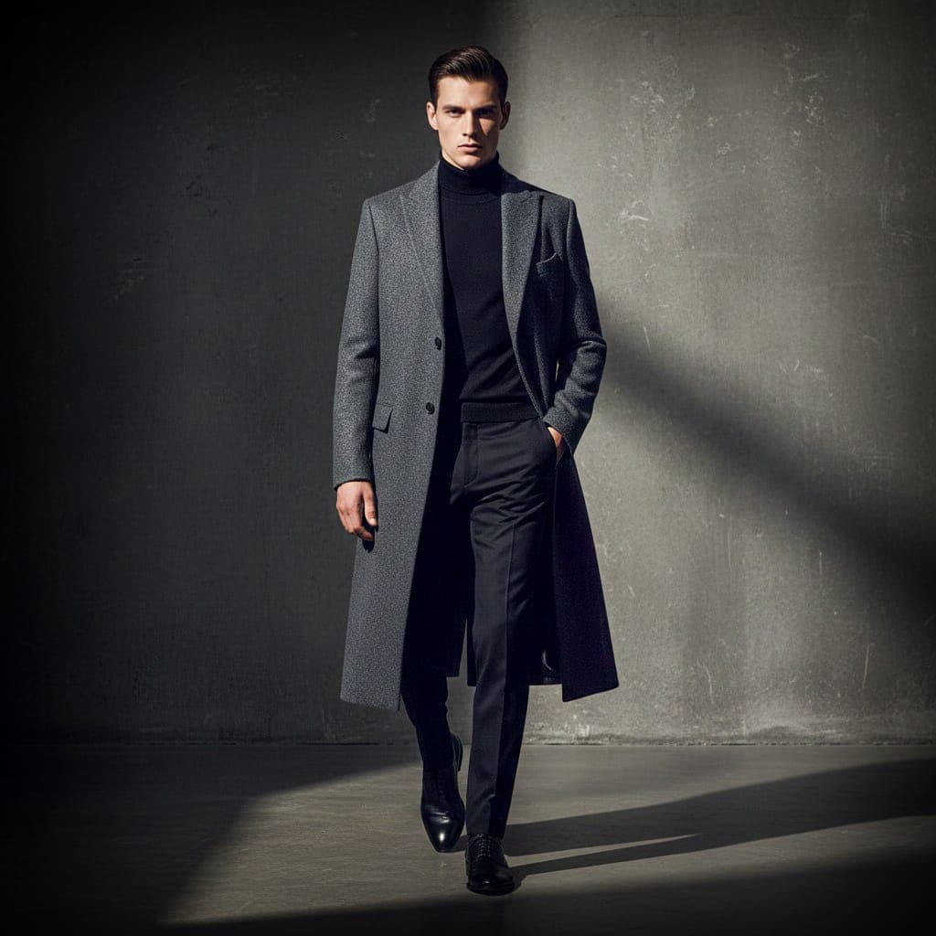 AI generated: Create a fashion image of a male model dressed in a long, tailored coat layered over a monochrome ou...