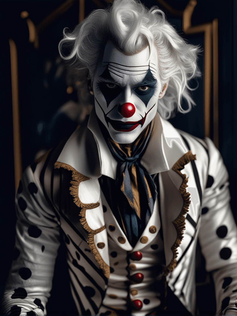 AI generated: Fashion photography of a joker, 1800s renaissance, clown makeup, editorial, insanely detailed and in...
