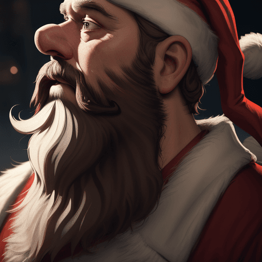 AI generated: Painted Santa Claus, dramatic light, childrens book illustration, large flowing beard, twisty curls ...