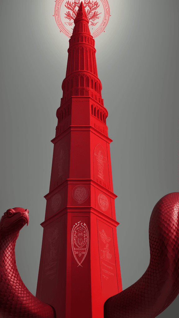 AI generated: Create a compelling image of The Tower of Health in ruby red. Consider incorporating symbolic elemen...