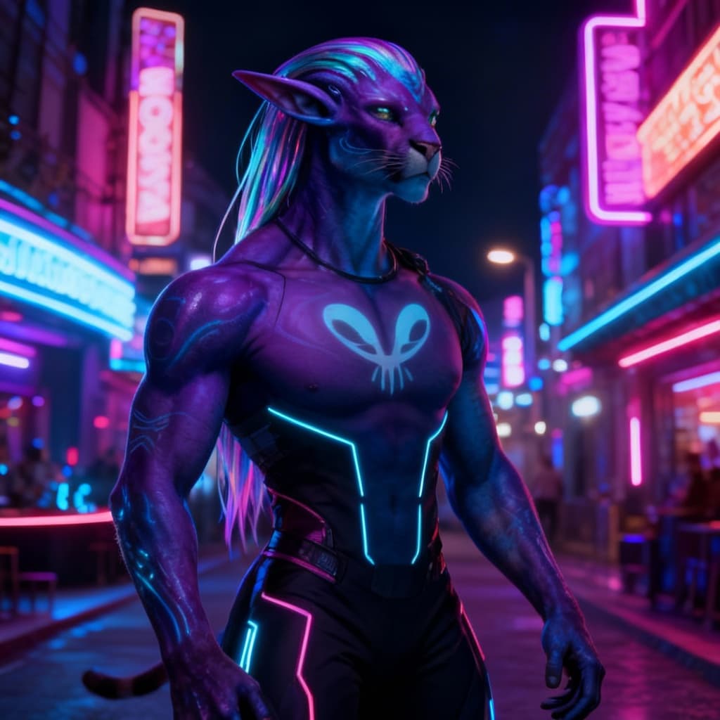 AI generated: Blend anthropomorphic to create a new anthropomorphic, alien hybrid. Give a Nightlife backdrop, and ...