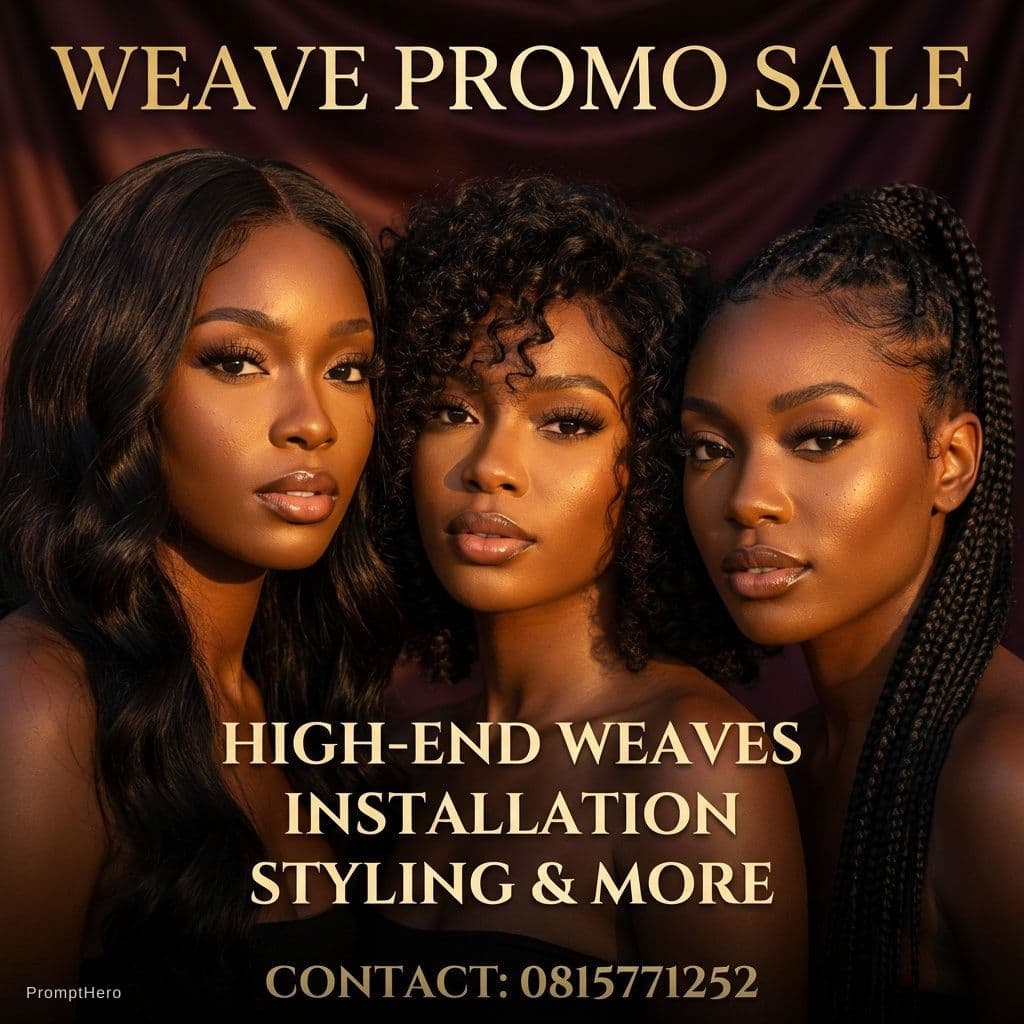 AI generated: Create a poster of a weave promo sale wirh three different beautiful black ladies in a rich aura. Th...