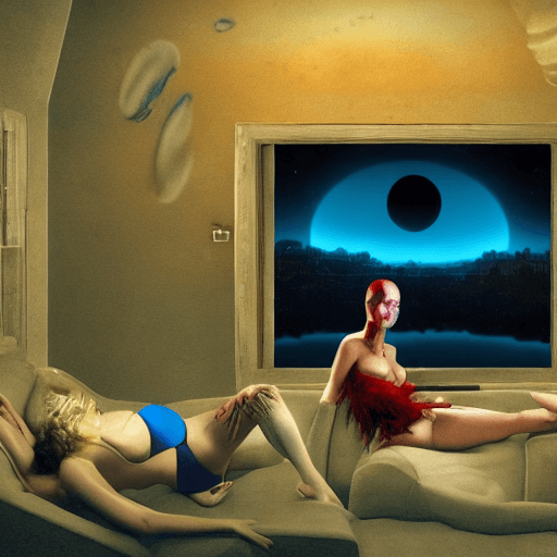 AI generated: Photo of a ultra realistic blue alien king with his 5 beautiful large breasted slave women in black ...