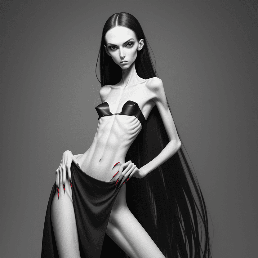 AI generated: photo of face an extremely skinny, flat-chested model with very elongated long nails, like claws pla...