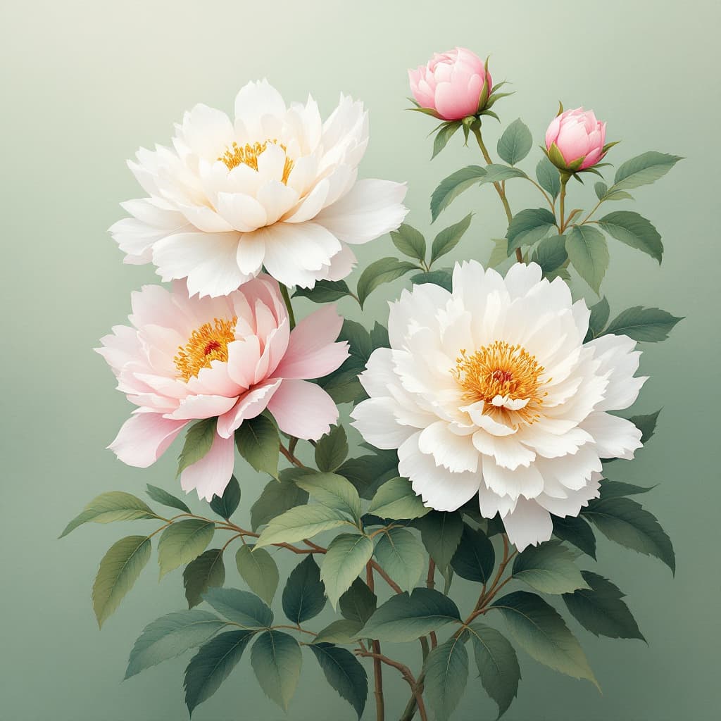 AI generated: Beautiful Chinese peonies decorate the soft light green canvas