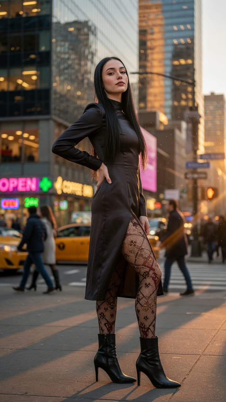 AI generated: "Ultra-realistic full-body photograph of a slim young European woman with long dark black hair, stan...