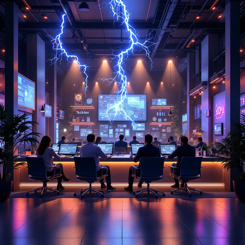 AI generated: Generate a 4k image of a tech hub where tech professionals converge to network. Make the hub have a ...