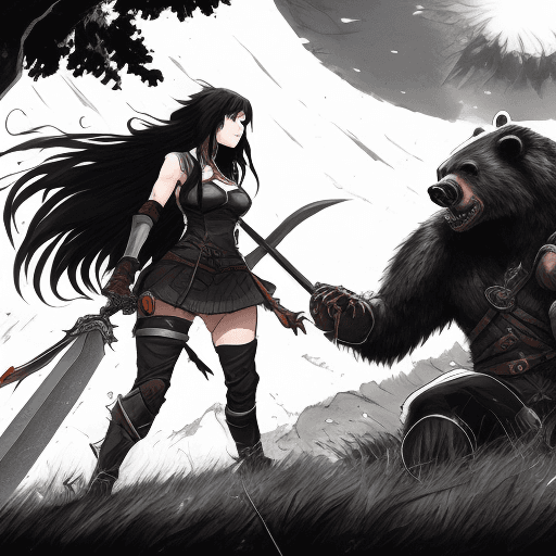 AI generated: A 26-year-old female adventurer with long dark hair, dressed in adventurer armor, fights with a two-...