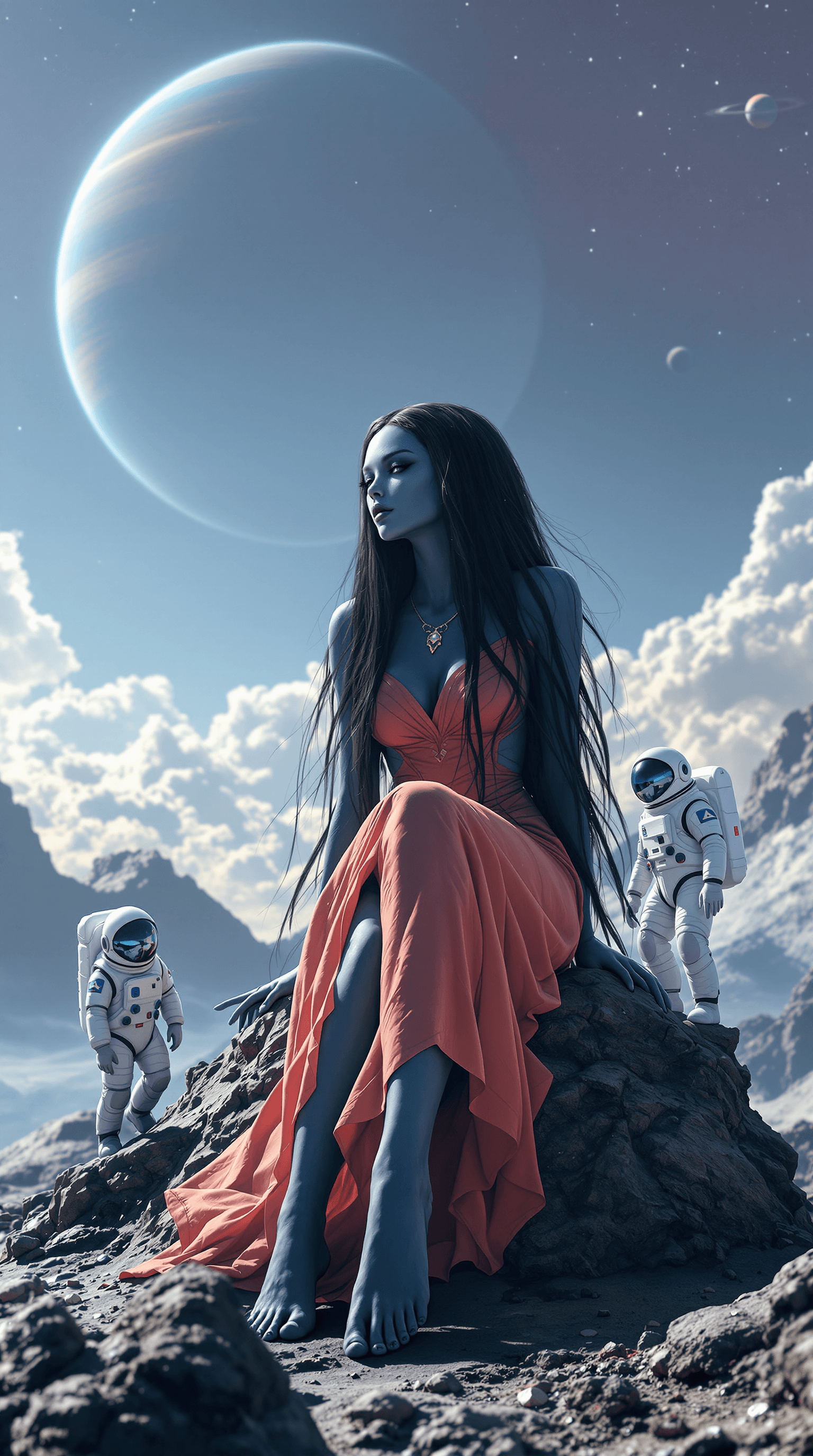 AI generated: full body view of a beautiful alien princess, long black hair, light red dress, sitting, dark blue s...