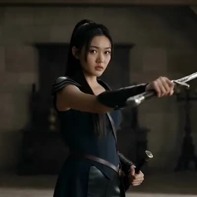 AI generated video: The girl slowly lowers the sword and turns towards the camera. At the end she locks eyes with the ca...