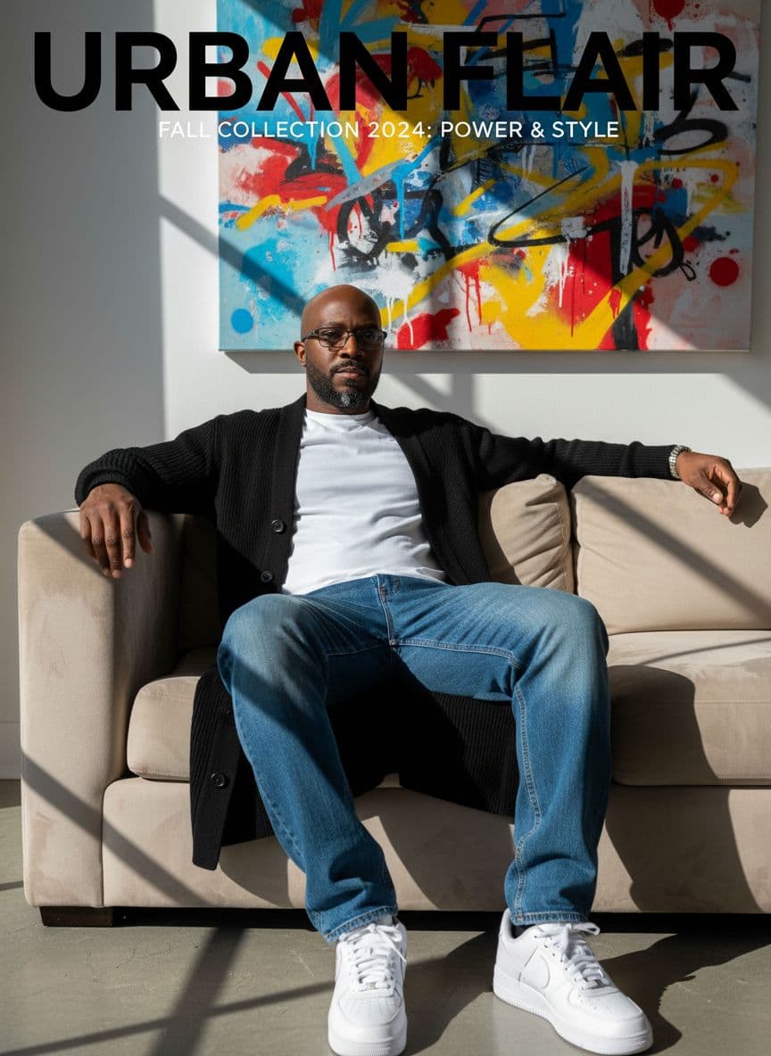 AI generated: photography, magazine cover, tilt shot, muscular African bold man in his 30s on a beige sofa, casual...