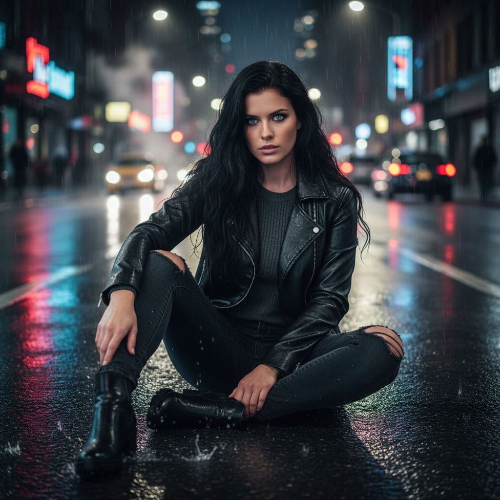 AI generated: A stunning woman with long, wavy black hair and piercing blue eyes sits confidently on a wet urban s...