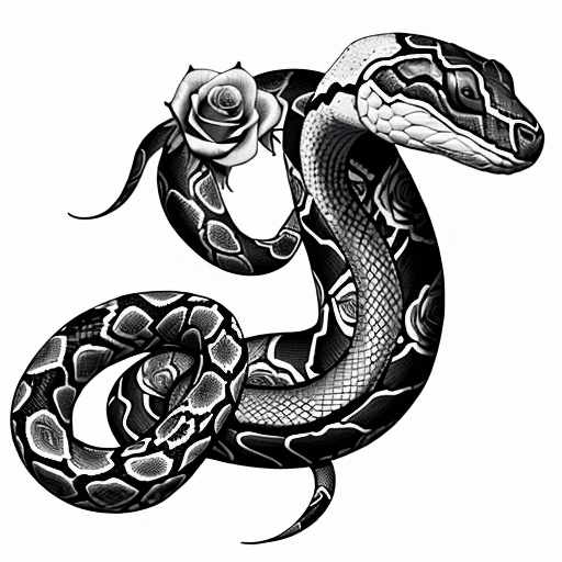 AI generated: snakes with flowers, tattoo sketch, smooth transitions, black patterns, more details, more flowers, ...