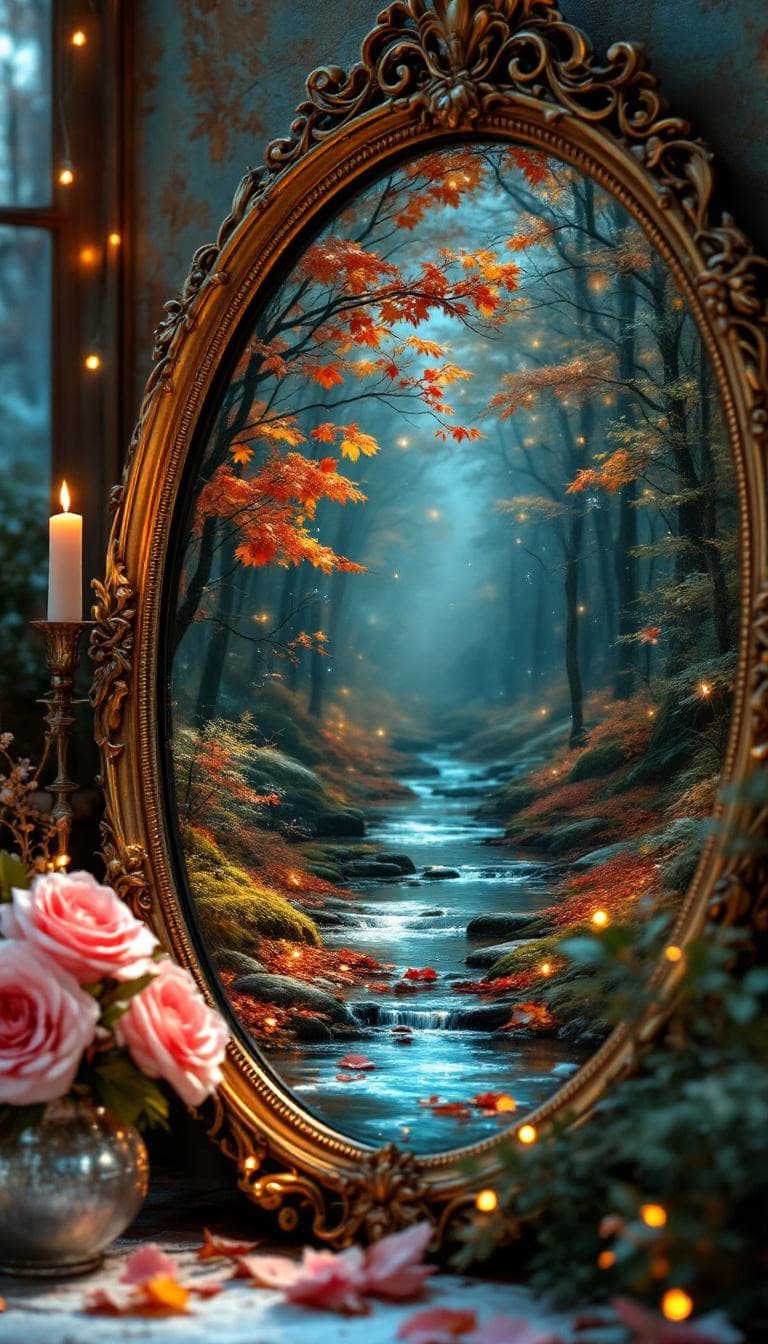 AI generated: Opulent. A beautiful old prnate mirror in macro, containing a fall forest. Glittering. Dreamy fantas...
