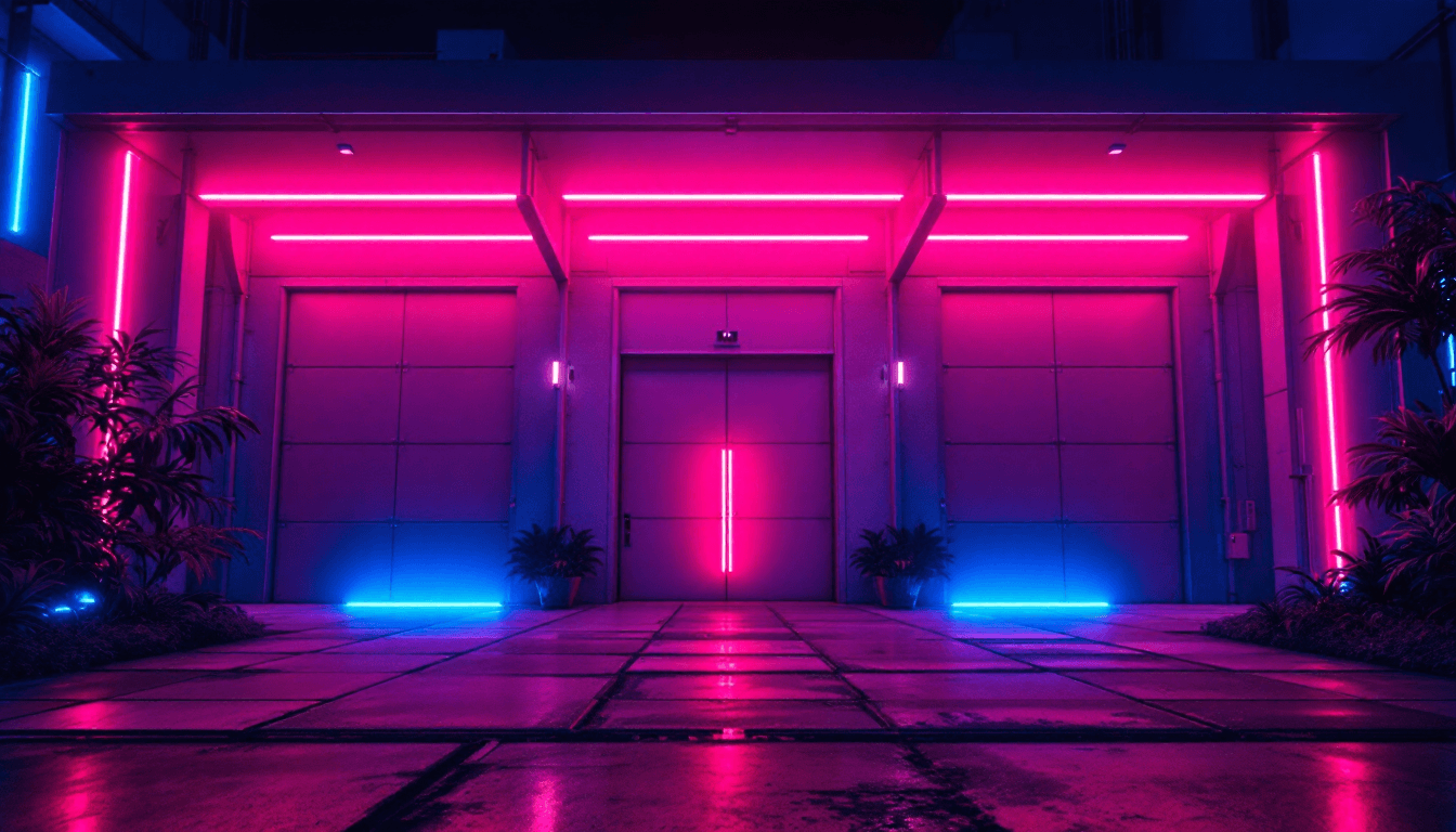 AI generated: cinematic, snap shooting, exterior night scene featuring an industrial building, structure filled wi...