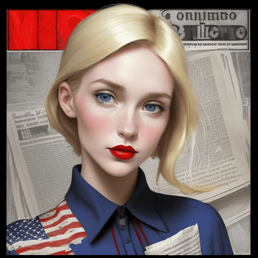 AI generated: Fresco mixed with realism and pop art with pops of blue white and red, close - up of a gorgeous blon...