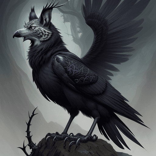 AI generated: illustration of a raven, thorns everywhere, fantasy, dark fantasy style, skull of a lynx, d&d, detai...