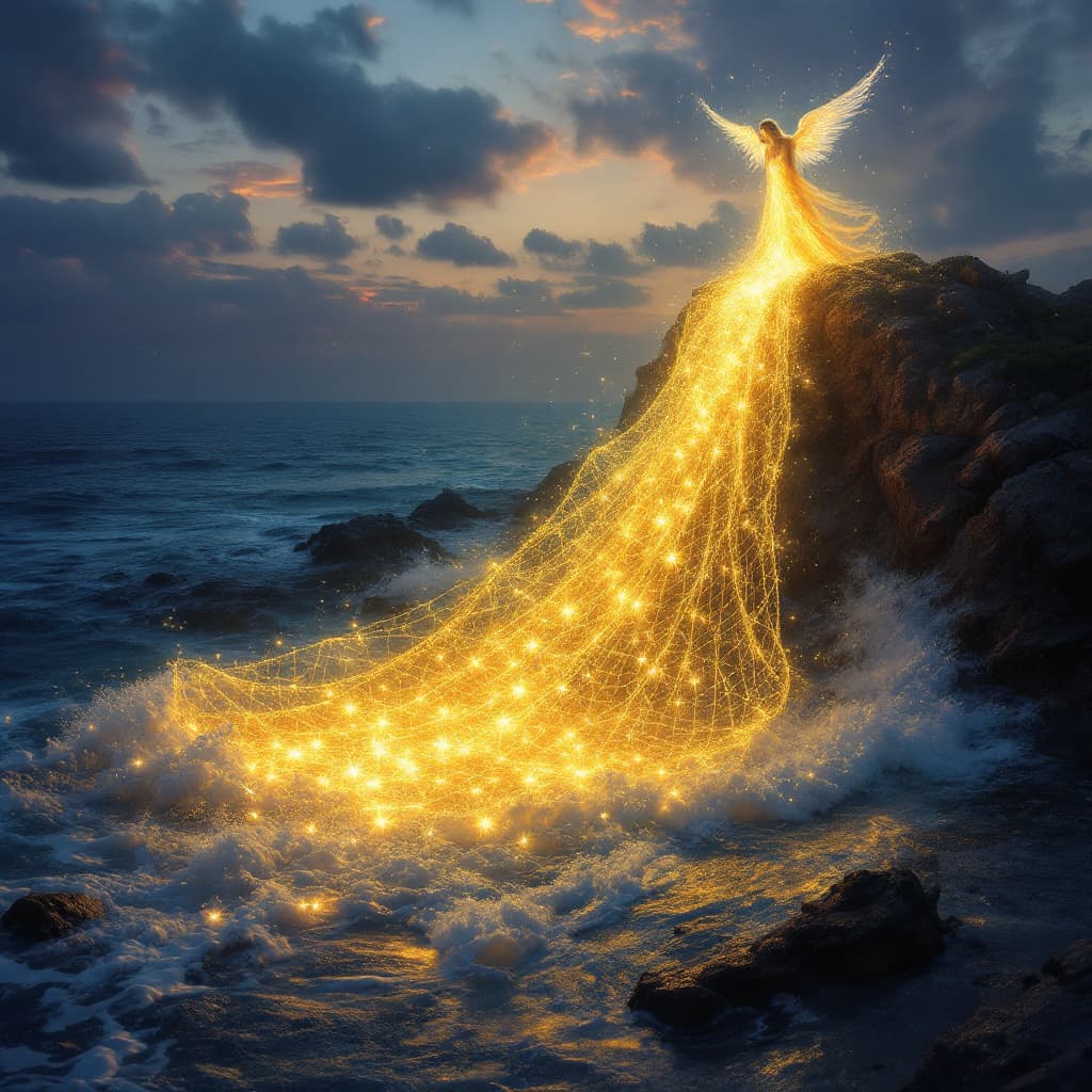 AI generated: "A serene coastal scene at twilight, where a glowing, golden net is cast into the calm, deep waters,...
