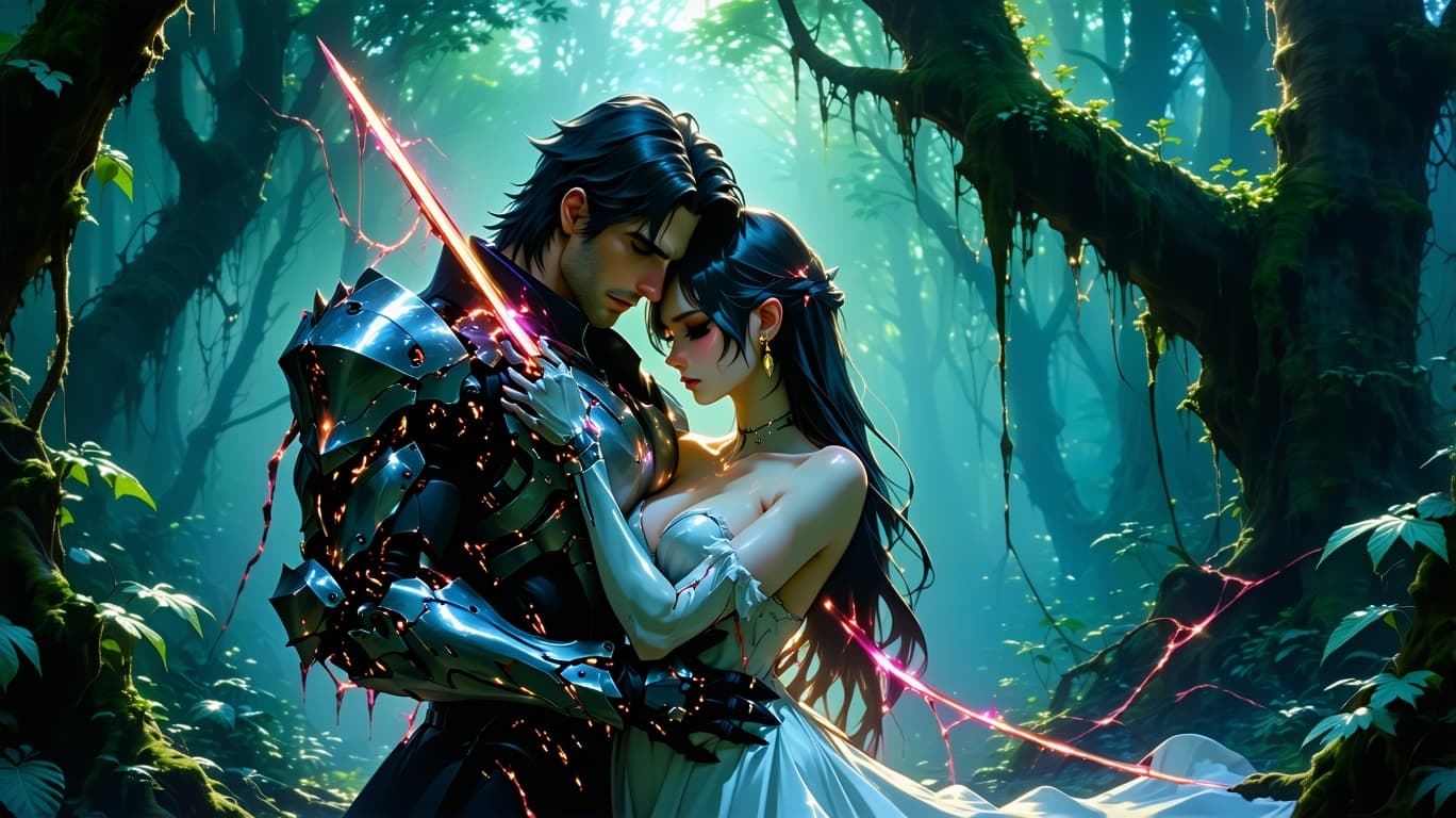 AI generated: Anime style like, wild futuristic leafy forest jungle fantasy cyberpunk world war scenario,  cyberpu...