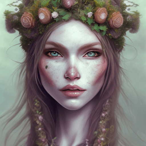 AI generated: Firbolg, portrait female, pastel colors, druid, hyper realism, high Detail, freckles, dungeons and d...