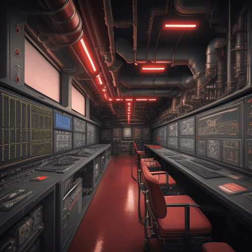 AI generated: masterpiece, concept art, medium shot, centered, a room filled with lots of pipes and valves, cyberp...