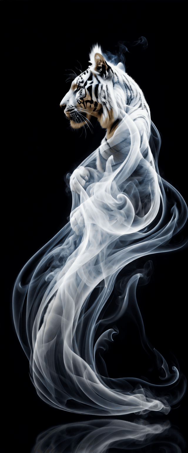 AI generated: The image features a smoke-like representation of a tiger, which appears to be a white and gray tige...