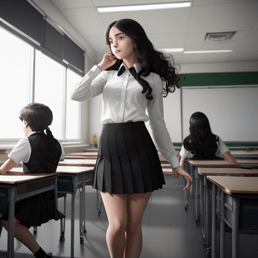 AI generated: A panoramic view of a classroom, gorgeous teacher with class of young boys, white blouse, short blac...