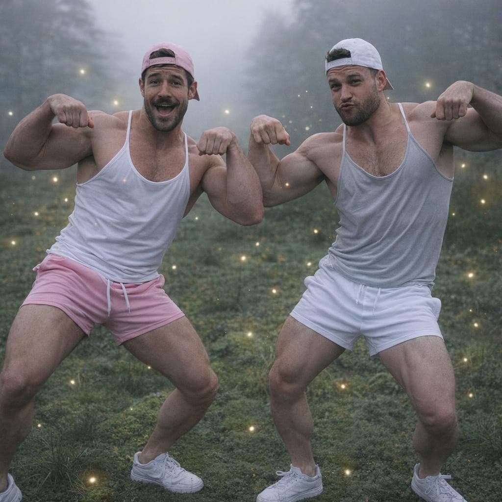 AI generated: Make these men standing in mossy field while doing a silly dance with one wearing light pink short s...