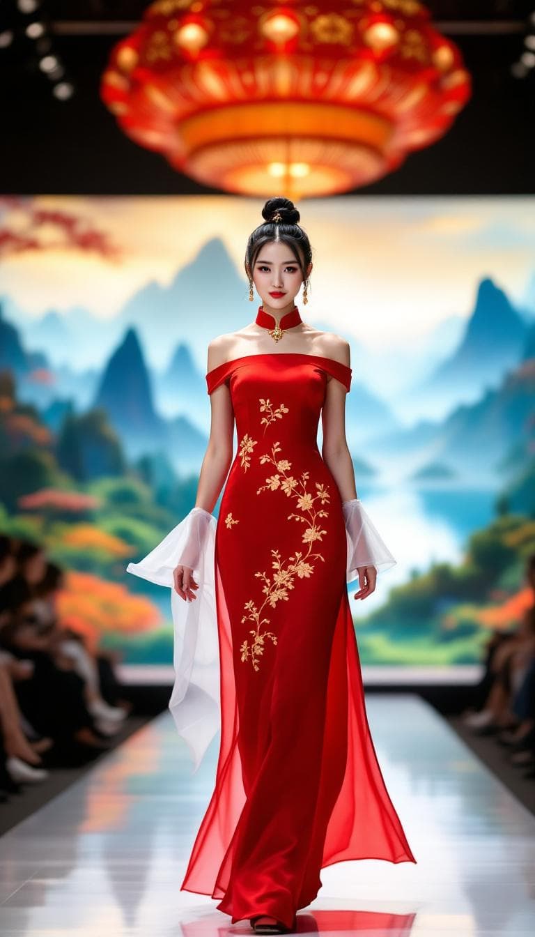 AI generated: A beautiful Chinese model, with a black bun, wearing a stunning traditional Chinese red cheongsam, w...